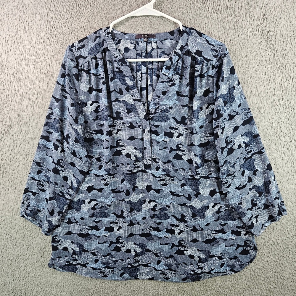 NYDJ Women's Blue Camo Print V-Neck Pleated Blouse Size Medium